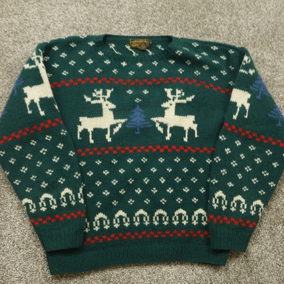 Eddie Bauer Wool Sweater Mens Large L Green Reindeer Christmas Winter Holiday - Picture 1 of 8